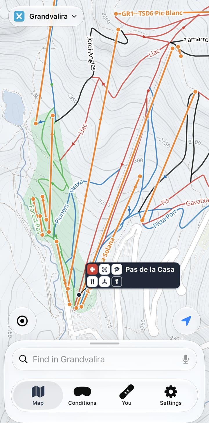 El mapa de Lifty del Pas de la Casa, amb pistes, remuntadors i els serveis de la base